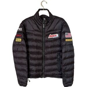 REPLAY Mens Black Puffer Jacket American Racing Patches Lightweight Insulated S